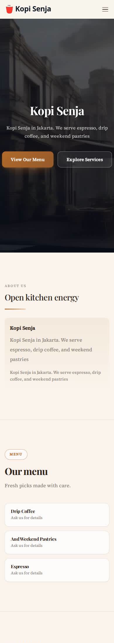 Mobile example Nafach site for Kopi Senja cafe