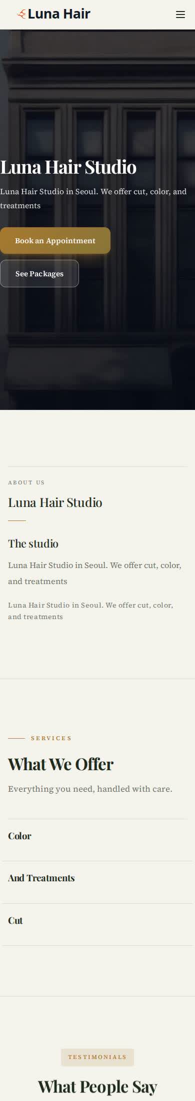 Mobile example Nafach site for Luna Hair Studio
