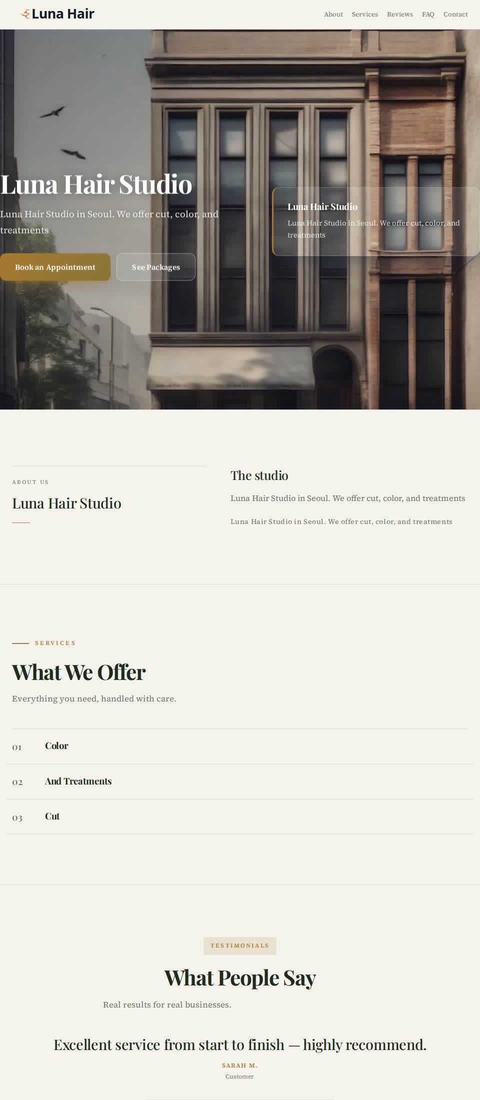 Example Nafach site for Luna Hair Studio